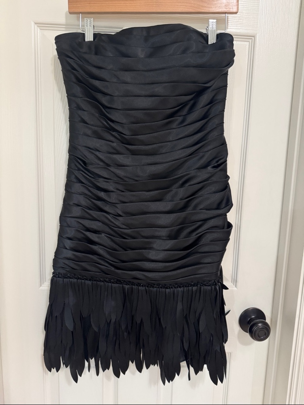 White House Black Market Black Strapless Ruched Dress with Feather Trim